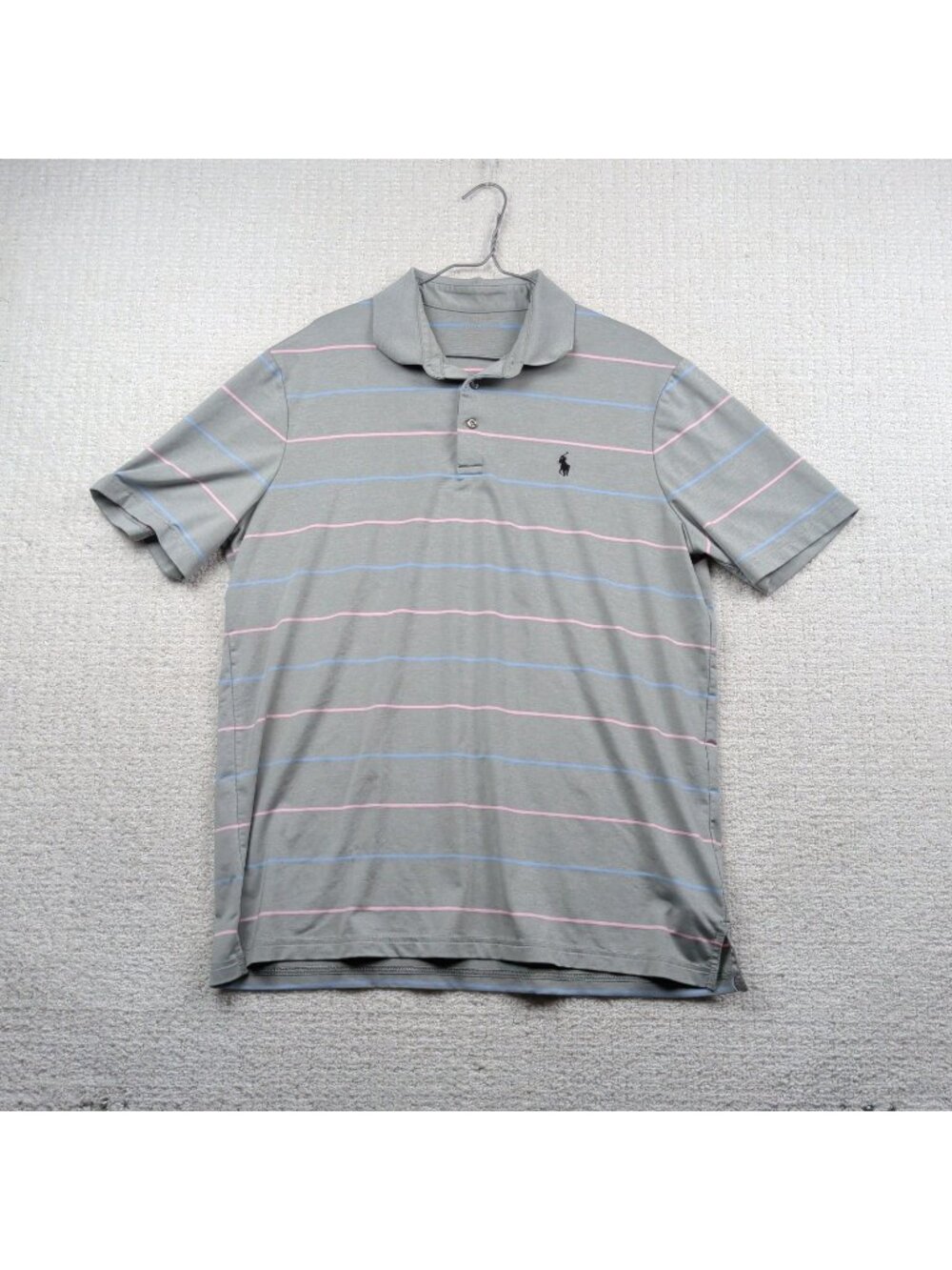 Polo Ralph Lauren Performance Polo Shirt Mens L Gray w/Pastel Blue Pink Striped